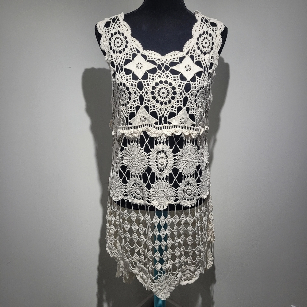 R&F Women's Cotton Boho Dreamy Crochet Dress Medium Off-White Festival